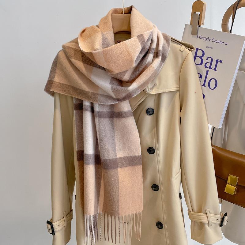 Camel brown 100 pure wool plaid scarf khaki women's winter thickened warm fringed shawl scarf