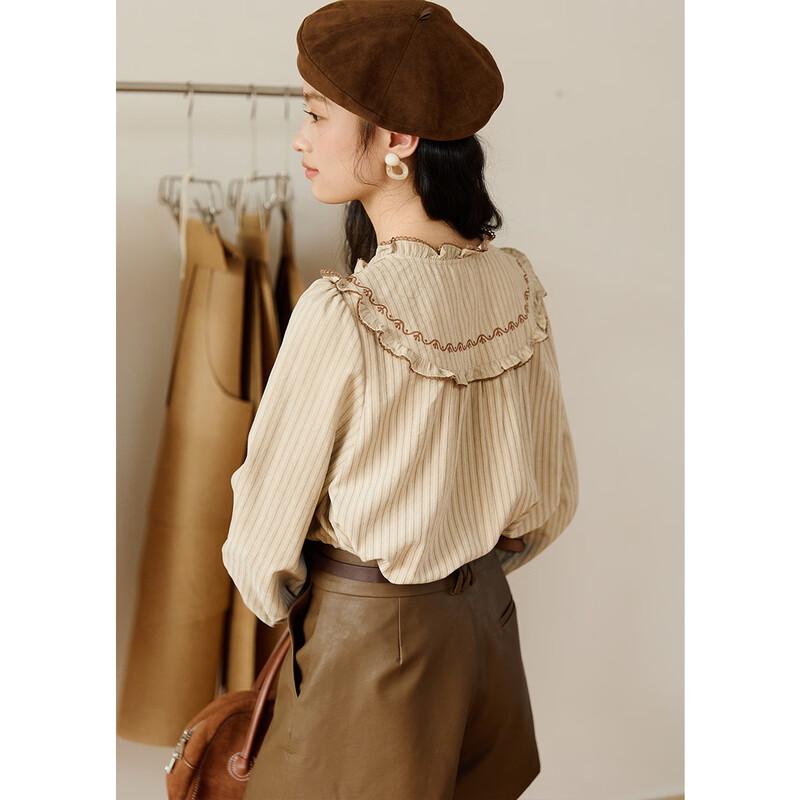 MiXiu Women's Autumn Ruffle Collar Striped Lazy Fit Shirt