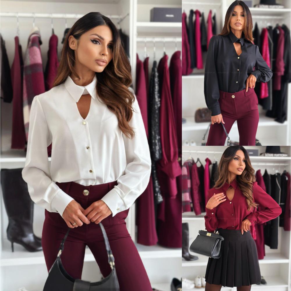 

2024 Autumn Hollow-Out Long Sleeve Blouse with Turn-Down Collar for Women Large чорний