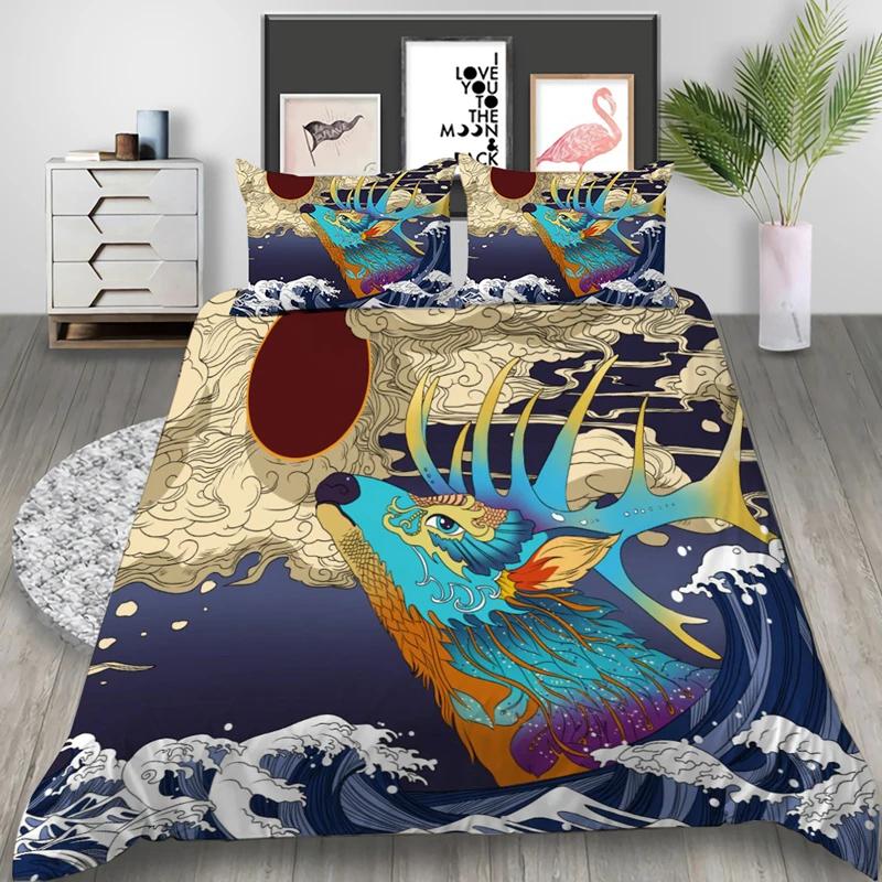Japanese Geisha King Queen Duvet Cover Red Woman Bedding Set For Kids Teens Adults Koi Fish Eastern Culture 2/3Pcs Quilt Cover