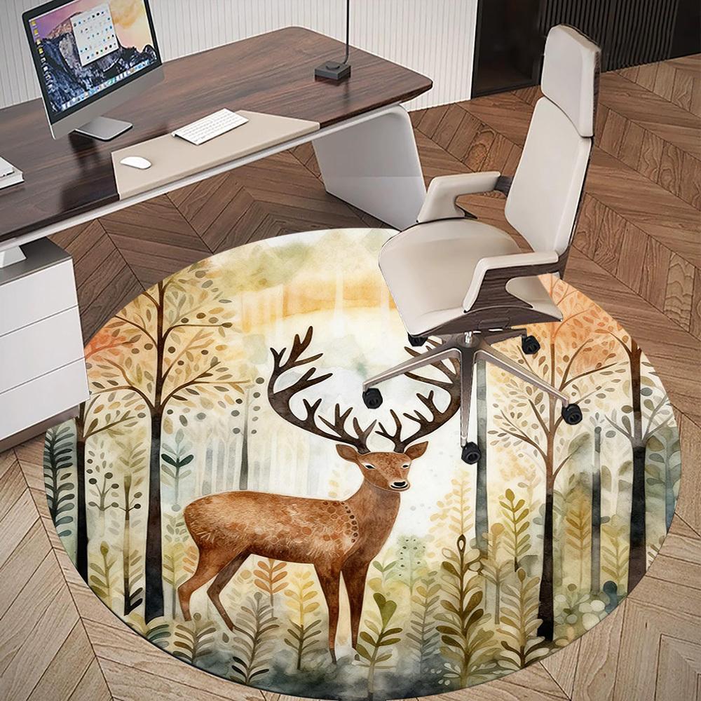 1pc Deer Forest Round Chair Mat Office Area Rug - Non-Slip, Floor Mat for Office, Bedroom, Ideal Home Decor Gift P0105015