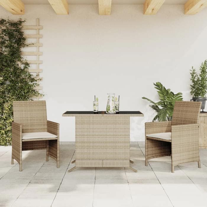 VidaXL Ensemble de Bistro avec Coussins 3 pcs, Chaises et Table de Patio, Meubles de Terrasse Arrière-cour Extérieur, Beige 365120
