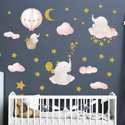 Wandaufkleber Kinder Aufkleber Babyzimmer Dekoration Tiere Elefant Mond Sterne Wandaufkleber Schlafzimmer Baby Kinderzimmer Wanddeko (Rosa)