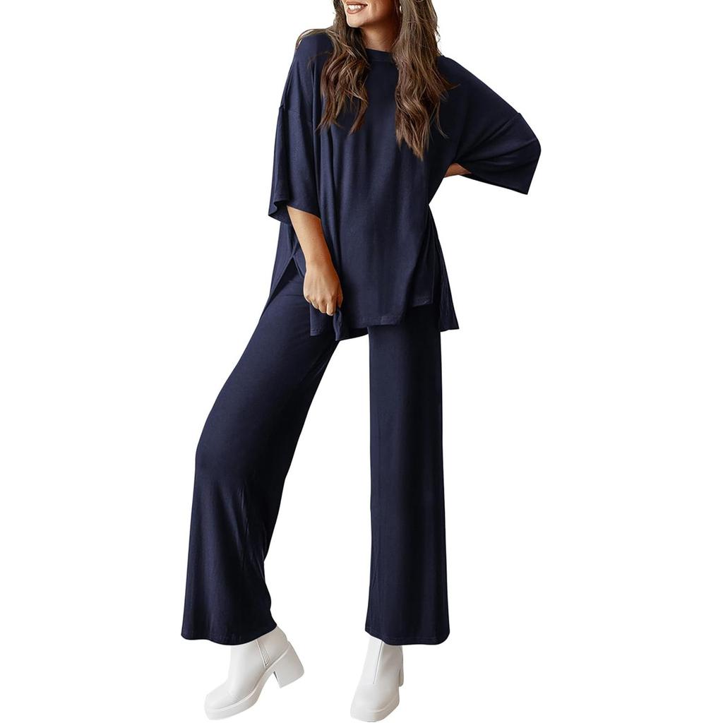 Completo Due Pezzi da Donna Moda Taglio Ampio Colore Unito Scollo Tondo Spacco Manica Corta Pantaloni Lunghi