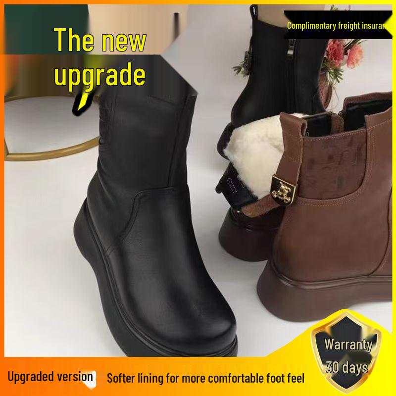 Cizme de zăpadă calde pentru femei până la jumătatea gambei - Piele și blană, cu talpă groasă și pluș, pregătite pentru iarnă pentru mame