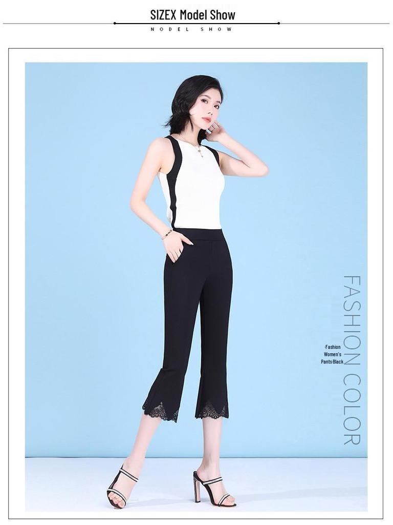 Women's High Waist Lace Flare Pants - White, Elastic, Plus Size, Slimming, Casual, Thin, Seven-Point Length, Summer Style