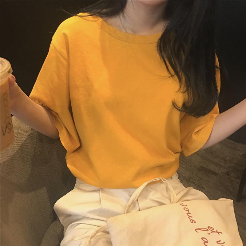 

Летняя модная свободная хлопковая футболка с коротким рукавом, женские топы, однотонная футболка с круглым вырезом больших размеров для женщин, элегантная простая женская белая футболка 25900 3XL жёлтый