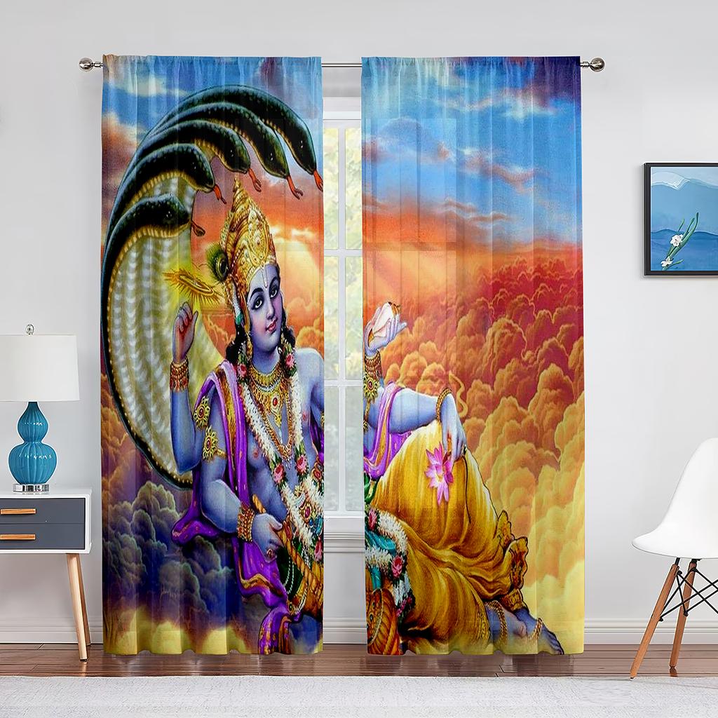 Lord Vishnu On Cloud Tulle Curtains Indian Hindu God Goddess Window Sheer Voile Curtain for Living Room Bedroom Kitchen Decor