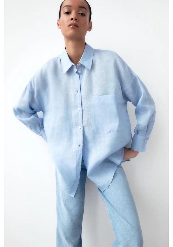 2023 Autumn New European & American Street Style Multi-color Long Sleeve Solid Linen Shirt with Pocket Detail