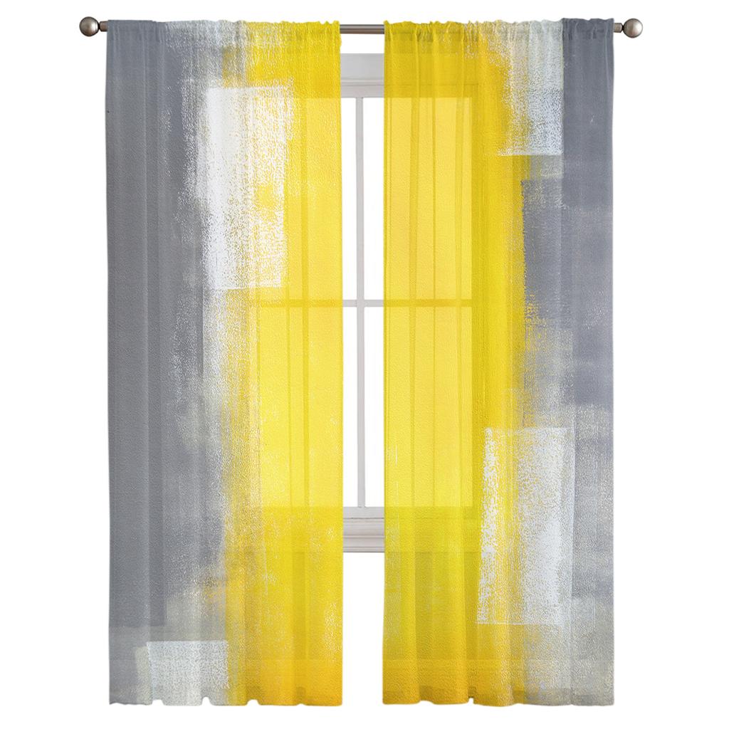 Yellow Gray Abstract Art Texture Tulle Curtains Living Room Bedroom Kitchen Window Treatment Chiffon Curtain Blinds Light Filtering Polyester Decor