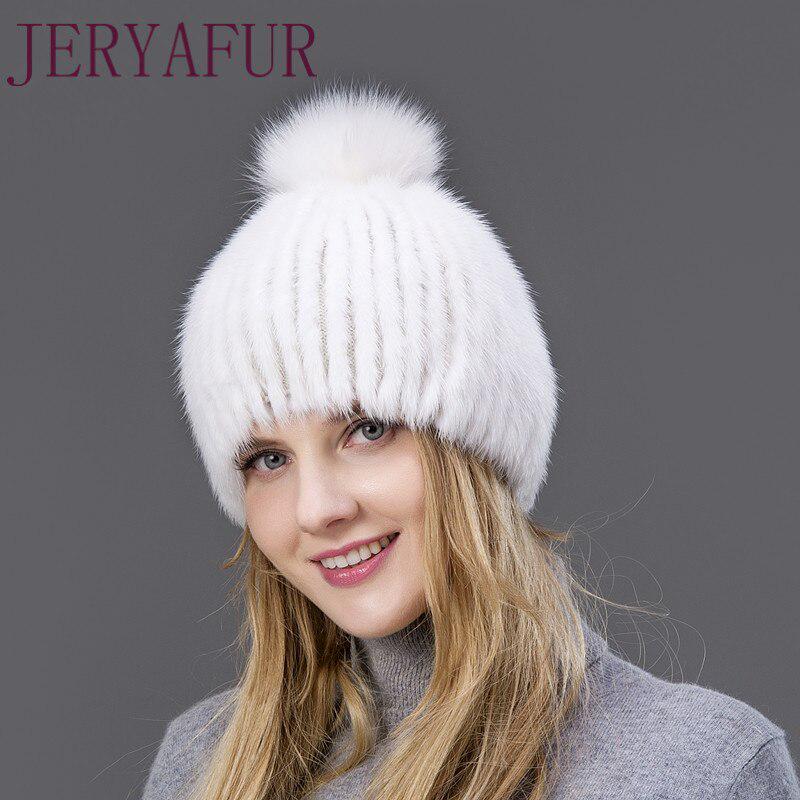 JERYAFUR Módní zimní čepice Teplá dámská pletená čepice Norková čepice s vertikální tkanou liščí bambulí lyžařská čepice