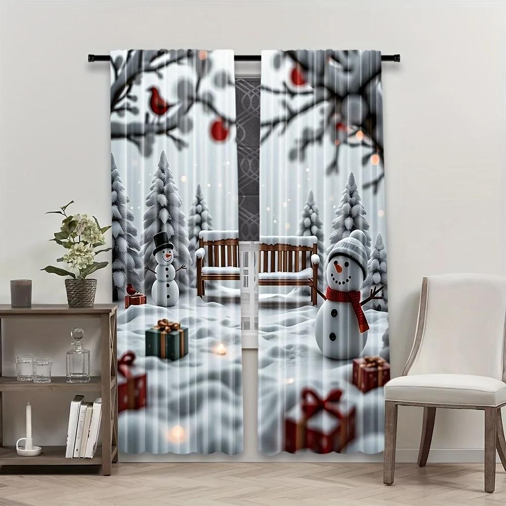 2pcs Christmas Snowman Gift Printed Curtains Designed for Light Filtering Quality Material Perfect for Christmas Holiday Home