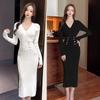 Over Knee Knitted Bottom Dress Autumn and Winter Muse Fan Temperament V-Neck Waist Skinny Sexy Hip Wrapped Sweater Long Dress