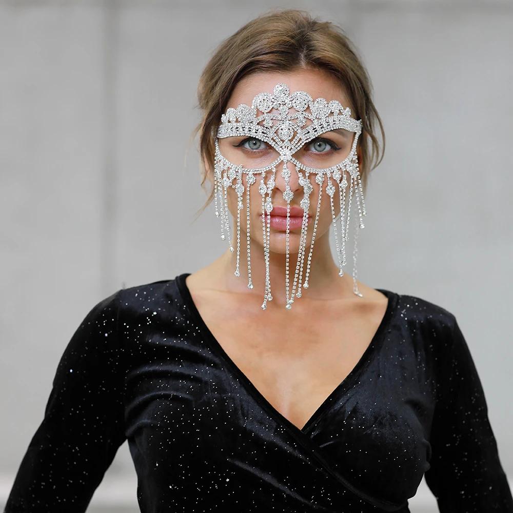 Cosplay Veil Headwear Rhinestone Tassel Mask Chain Women Masquerade Crystal Head Decor Nightclub Head Rave Party Indian Jewelry
