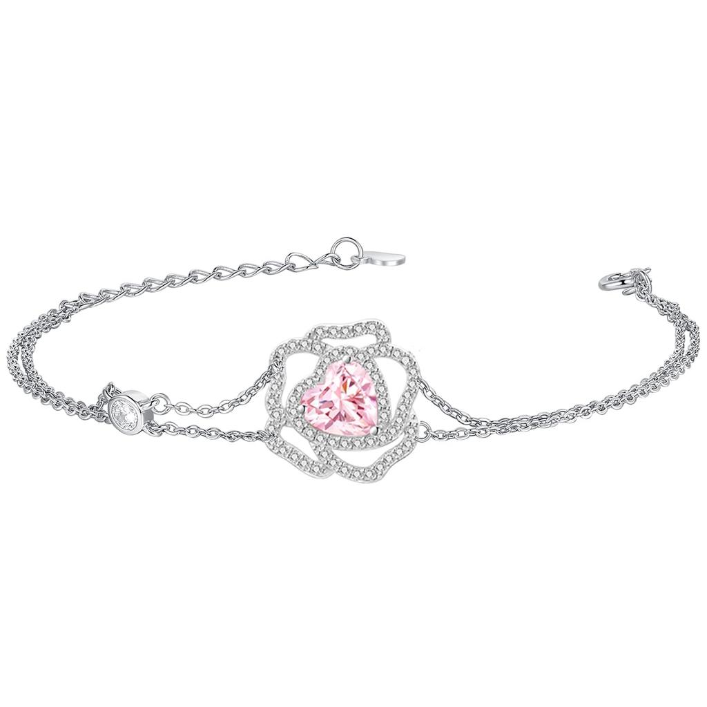 Bracelet for Women Pink Tourmaline October Birthstone Rose Motif Platinum Plated Silver Jewelry Accessories Birthday Day Christmas Present Gift