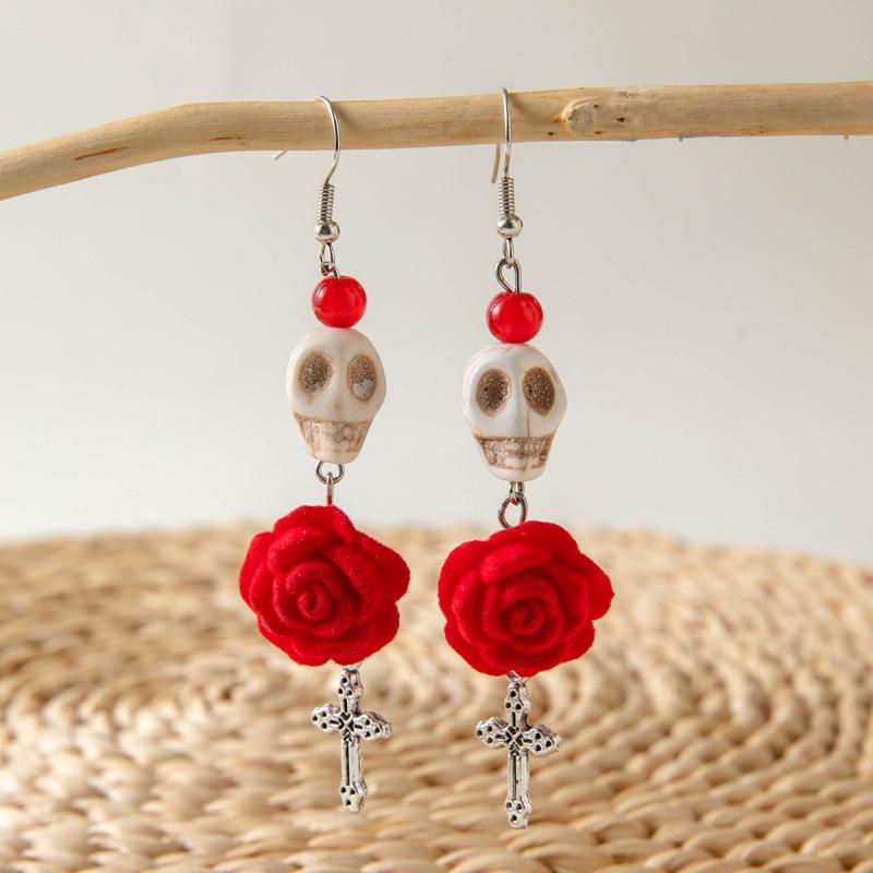 Halloween, Divertenti Divertenti Orecchini con Tassel Teschio Perline di Riso Creativi Orecchini a Rosa