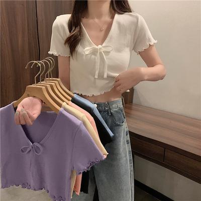 Pull Tricot Court à Nœud Papillon pour Femme Été Bord Oreille en Bois Col en V Fin Manches Courtes Tops Décontracté Essentiel Style Confort Coupe Slim Pulls T-shirts