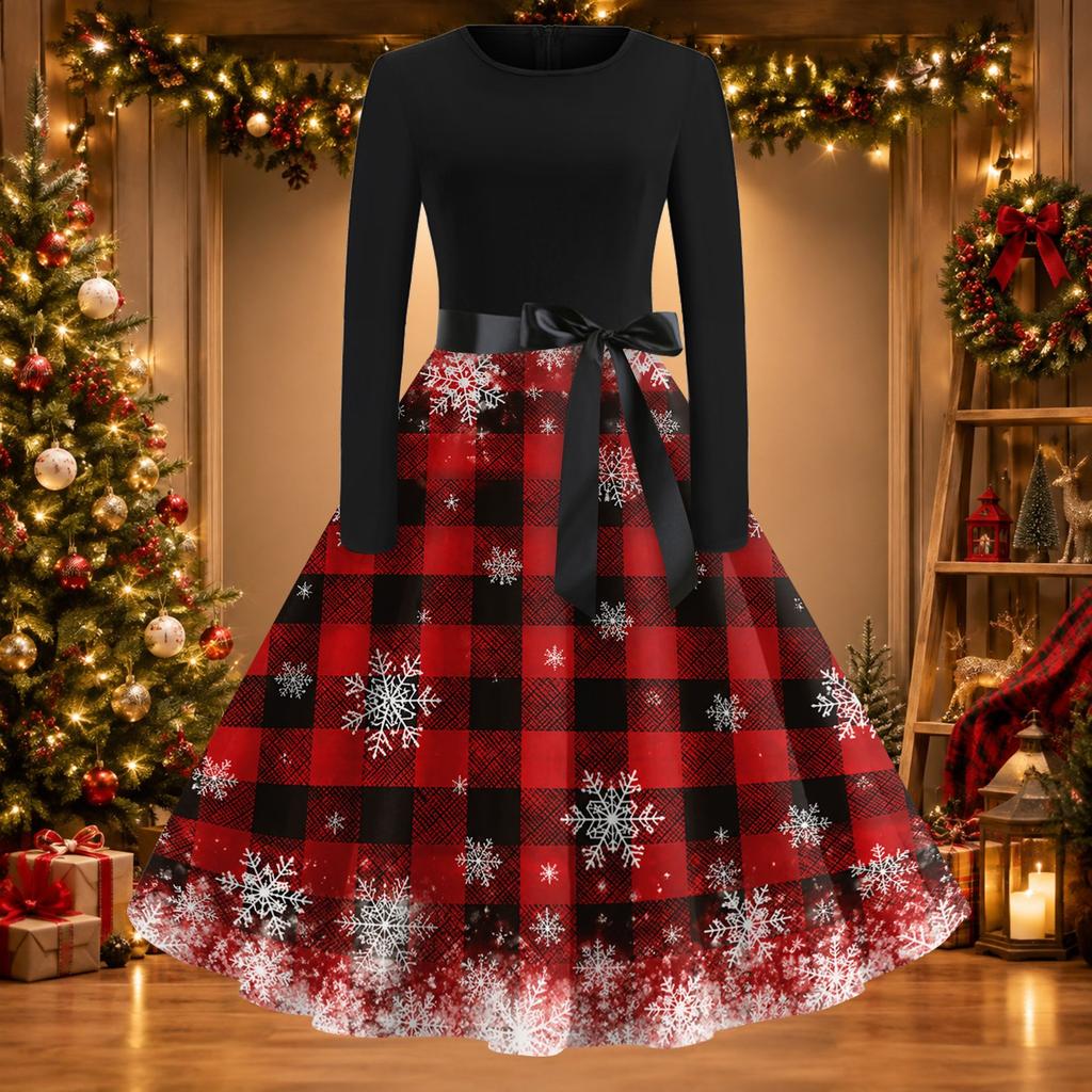 Women's Casual Slim Fit Long Sleeve Round Neck Flared Dress with Christmas Print
