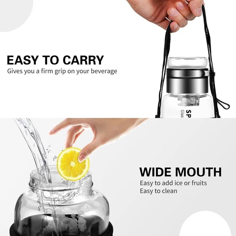 1000ml Portable Glass Water Bottle 1pc Transparent Milk Juice Cup with Stainless Tea Infuser Sport Water Bottles for Gym Hiking