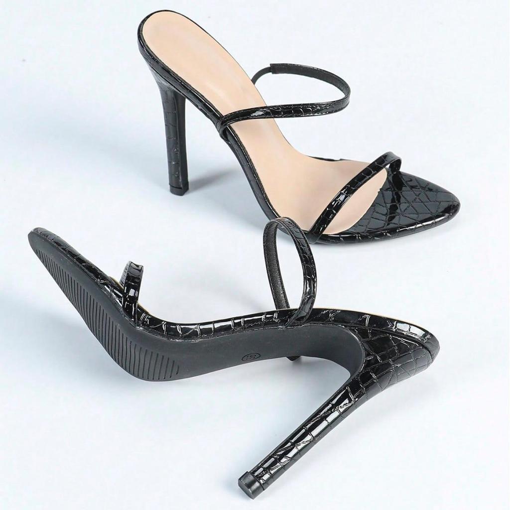 Women's round head with stone pattern with stiletto sandals Women's shoes Solid color gorgeous black high heels