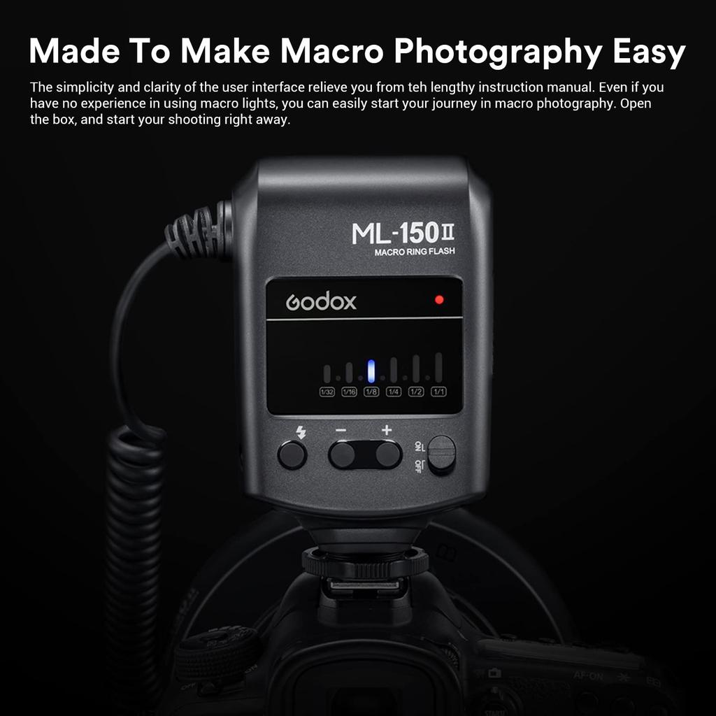 Godox Makro-Ringblitz Recycle 5800K Speedlite mit 8 Objektivadaptern Kompatibel mit und Panasonic ML-150II Blitz, Leitzahl 12, 0,1-2s Zeit, Ringe, Nikon, Sony,
