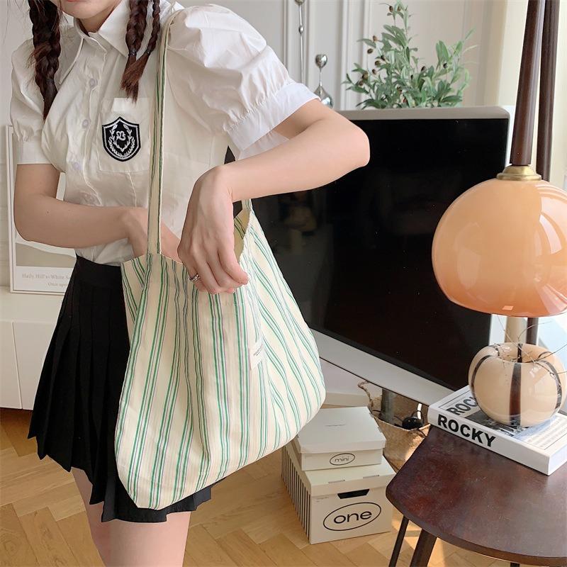 1 striped shoulder bag large capacity underarm bag canvas bag women's work cloth bag student crossbody schoolbag