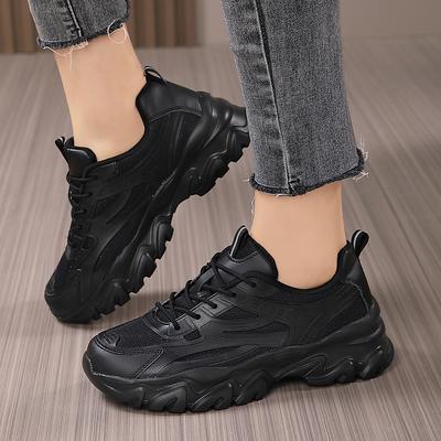 Tênis antiderrapantes, pretos, finos e com plataforma, estilo "dad shoes", solas grossas para primavera e outono, confortáveis e casuais, tamanho grande.