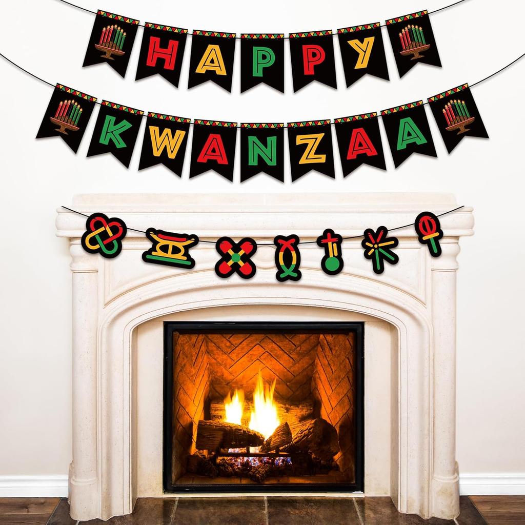 WATINC 3pcs Happy Kwanzaa Banner Decorations, N Heritage Holiday Hanging Banner, No DIY Needed Rustic Banners Kwanzaa Party Supplies for Mantel