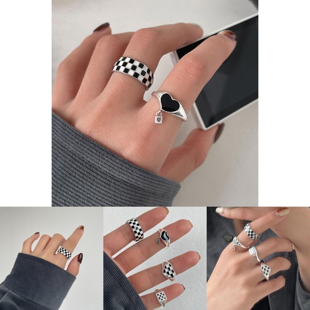 Elegant Korean Style Black And White Checkerboard Adjustable Ring For Women Fashion Accessory