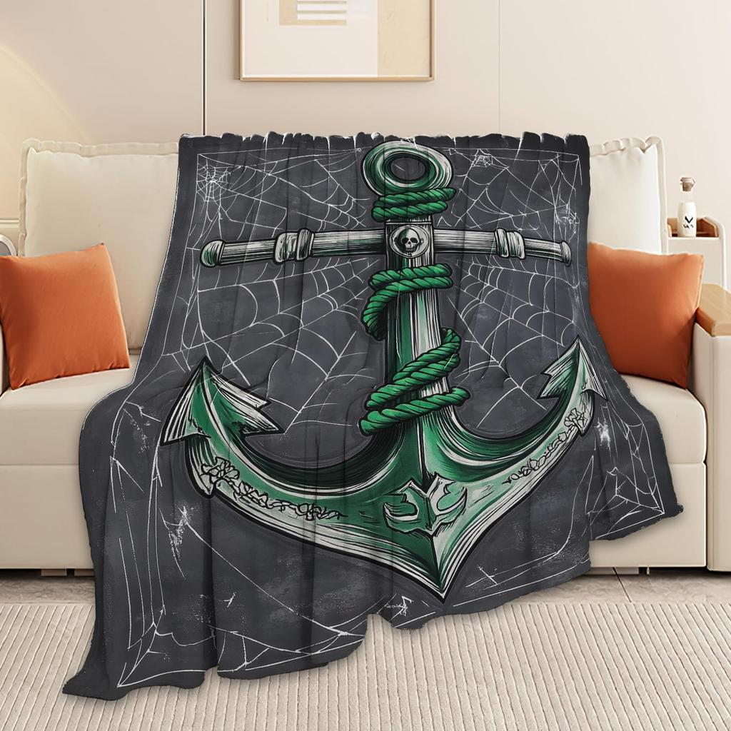 Cool Punk Anchor Skull Cobweb Dark Tone Art Flannel Blanket Soft Warm Throw for Couch Leisure Gothic Nautical Home Decor