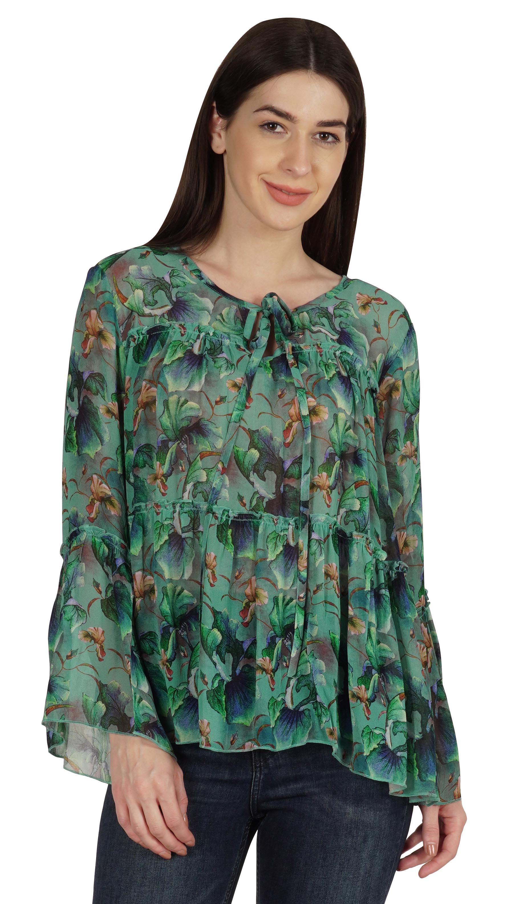 

Жіночі літні повсякденні топи з розкльошеними повними рукавами з принтом Moomaya XXL зелений