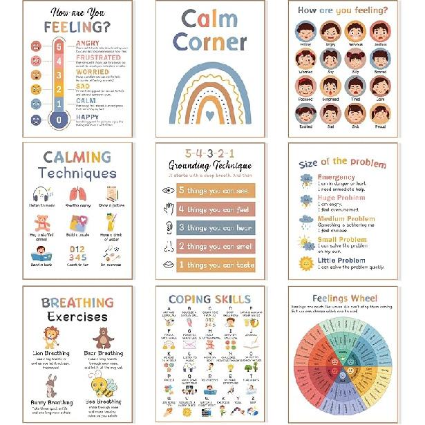 9 Calming Corner Posters Classroom, Calm Down Corner Feelings Chart for Kids, Mental Health Posters, Classroom Educational Poster Emotions Chart