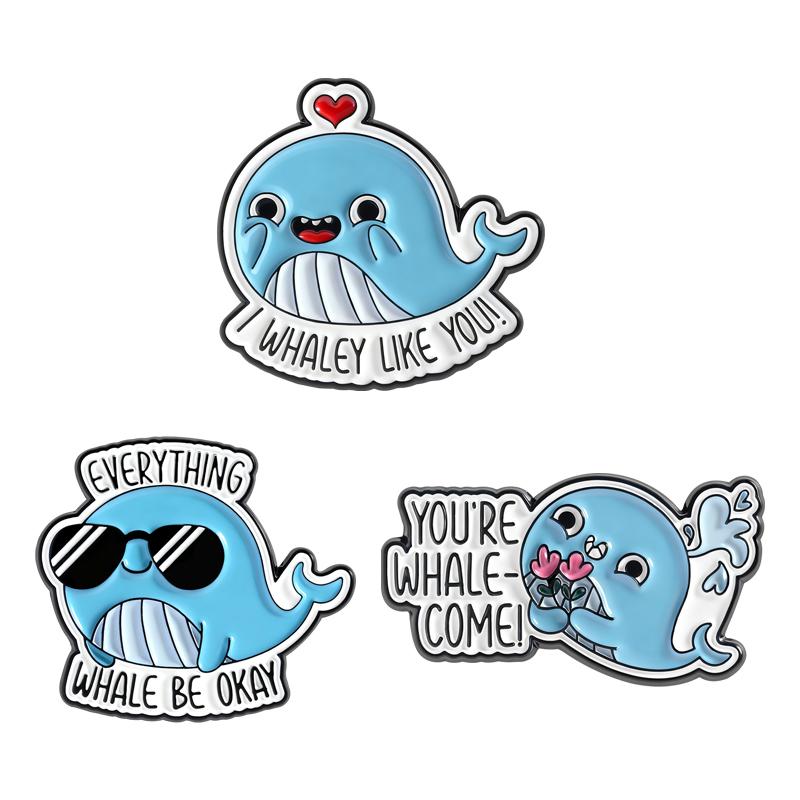 Cute Whale Puns Enamel Pins Everything Whale Be Okay I Whaley Like You Brooches Lapel Badges Animal Jewelry Gift for Kid Friends