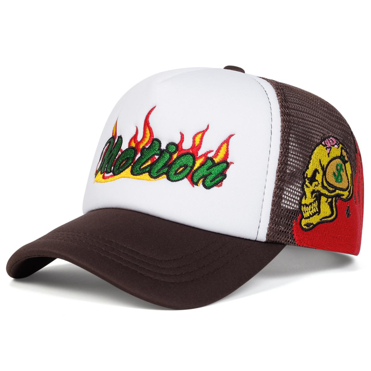 

Мужская бейсболка с вышивкой пламени, черепов по бокам, сетчатая шляпа, для улицы, регулируемая, солнцезащитная, для отдыха, весна, осень, путешествия, туризм, пляжный отдых коричневый