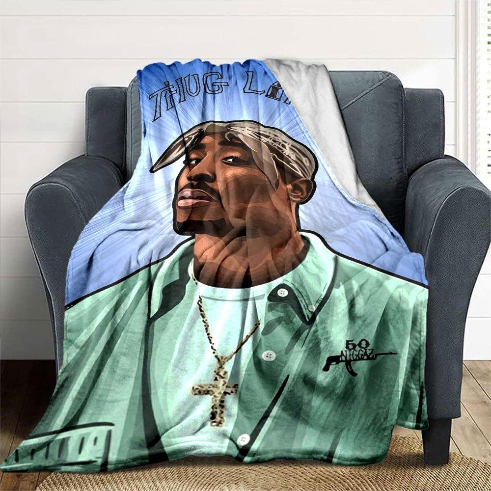 1pc 2PacHip Hop Blanket Soft Lightweight All Season Multi Purpose Throw for Sofa, Bed, Office & Picnics, French Style with Iconic Album Art & Quotes