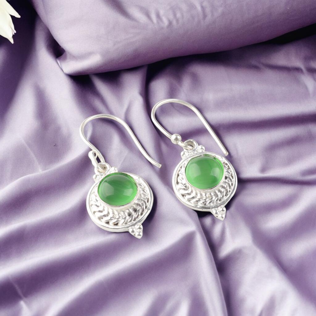 Green Cat's Eye Gemstone 925 Sterling Silver Jewelry Handcrafted Earrings 1.43" EE-117-35