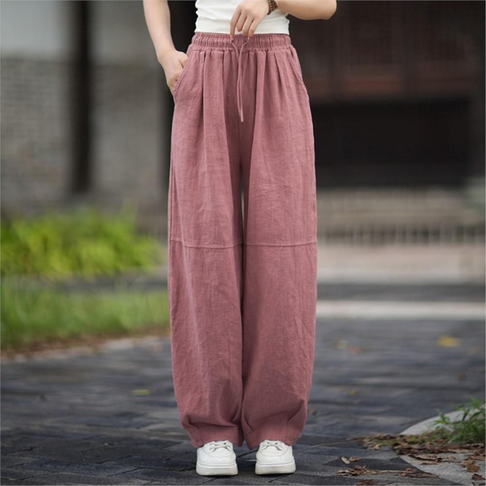 Johnature Women Vintage Harem Pants Solid Color Elastic Waist Autumn Belt Loose Female Patchwork Pants