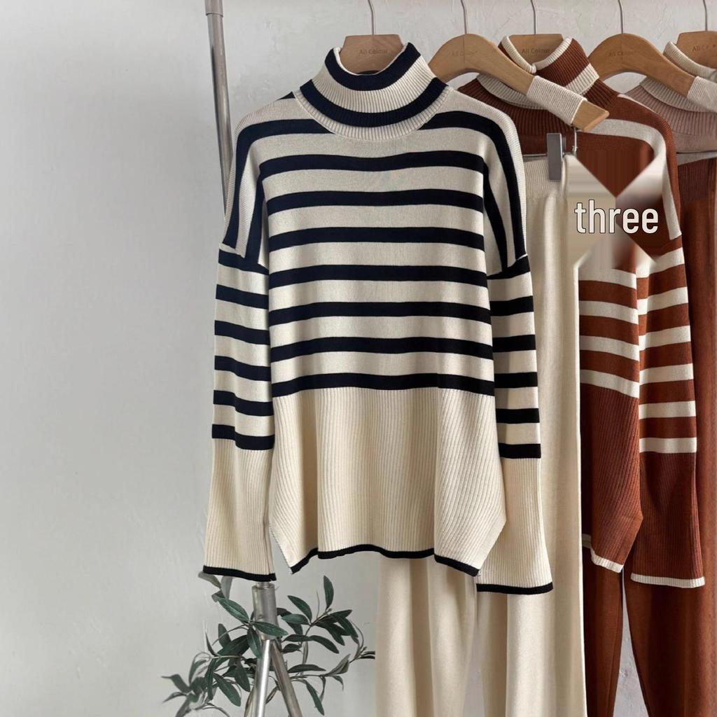 2025 Striped Knit Two-Piece Set: High-Neck Sweater & Loose Casual Long Sleeve Women's Outfit