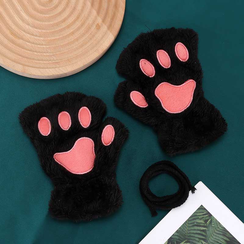 Cartoon Winter Gloves Women's Bear Plush Cat Paw Claw Gloves Cute Short Fingerless Fluffy Bear Claw Mittens For Girls Gift Party