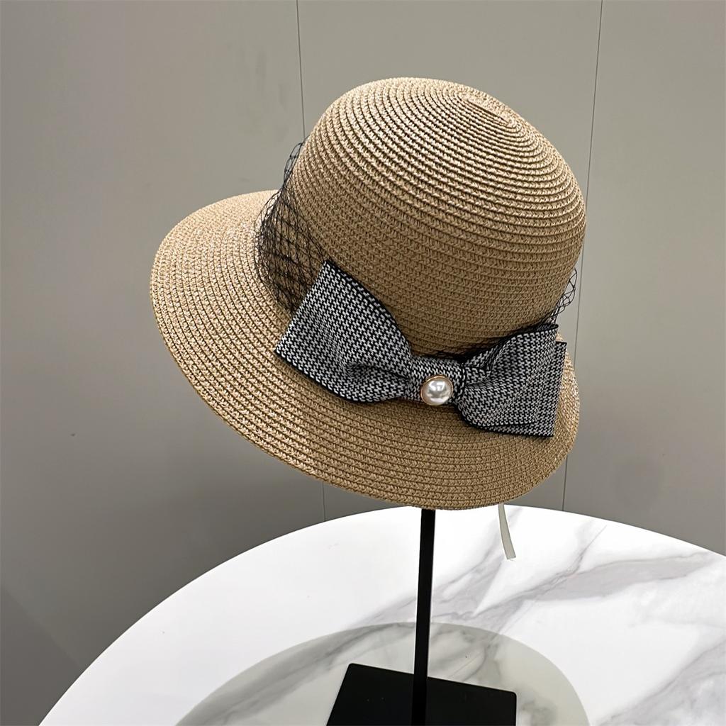 New Simple Hepburn Butterfly Knot Straw Hat Women's Beach Hat French Vintage Pearl Fisherman Sun Hat Bucket Hat