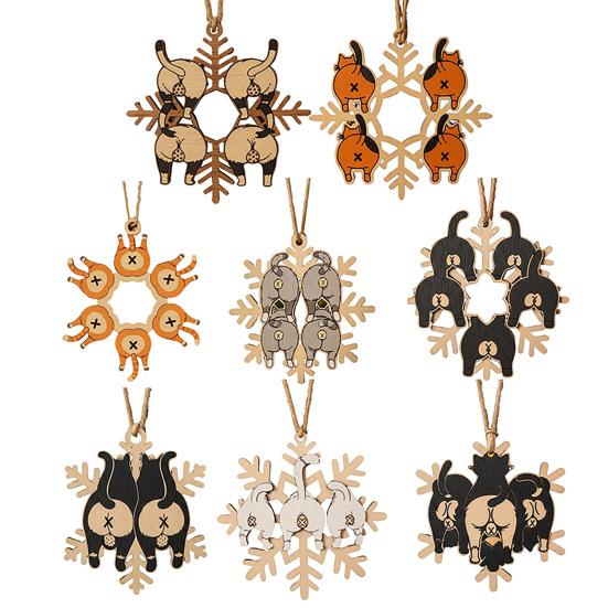 Cat Butt Snowflake Christmas Ornament Funny Cat Butt Wooden Xmas Tree Ornament Snowflake Shape Hanging Pendant for Tree Home Decor
