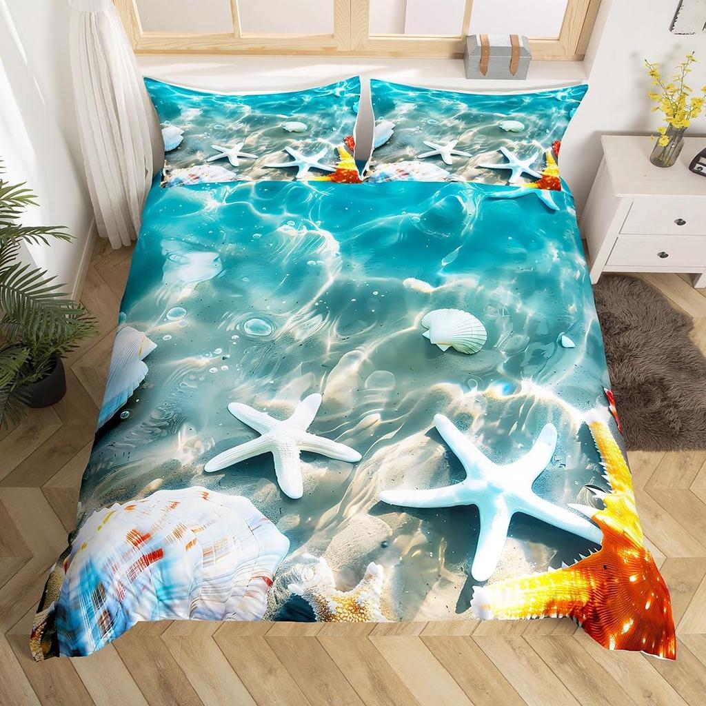 Poszewka na kołdrę Gwiazda Morska Twin Urocze Stworzenia Morskie Komplet Pościeli Tropikalna Plaża Druk Muszli Morskich Poszewka na Kołdrę z Poszewką na Poduszkę