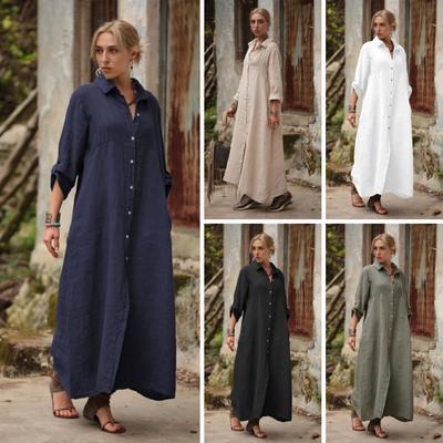 Women's Cotton Linen Shirt Dress Casual Rolled-Up Sleeve Button Dowm Maxi Dress Summer Loose Tunic Shift Dress