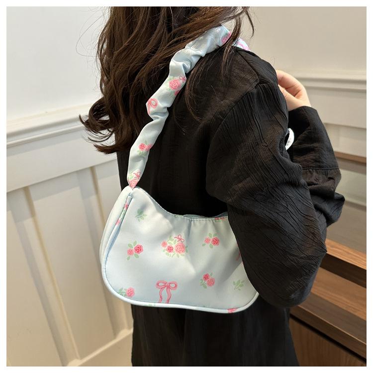 Women's Floral Print Drawstring Nylon Shoulder Bag, Sweet Style Bowknot Single Strap Handbag, Korean Fashion Casual Crossbody Purse