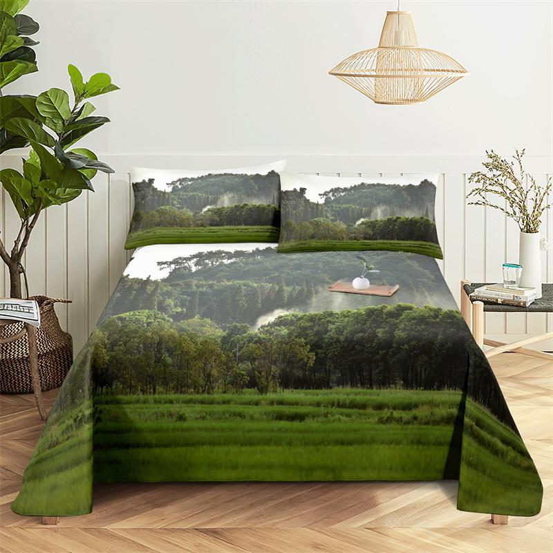 Bedding Sets Green Forest Print Bed Sheet Fashion Design Double Flat Sheet Boys Girls Bed Sheet Set Bed Sheets and Pillowcases