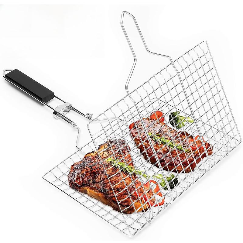 Portable BBQ Grill Basket Folding Fish Vegetable Grilling Basket Stainless Steel Grill Basket for Camping Picnics JT455