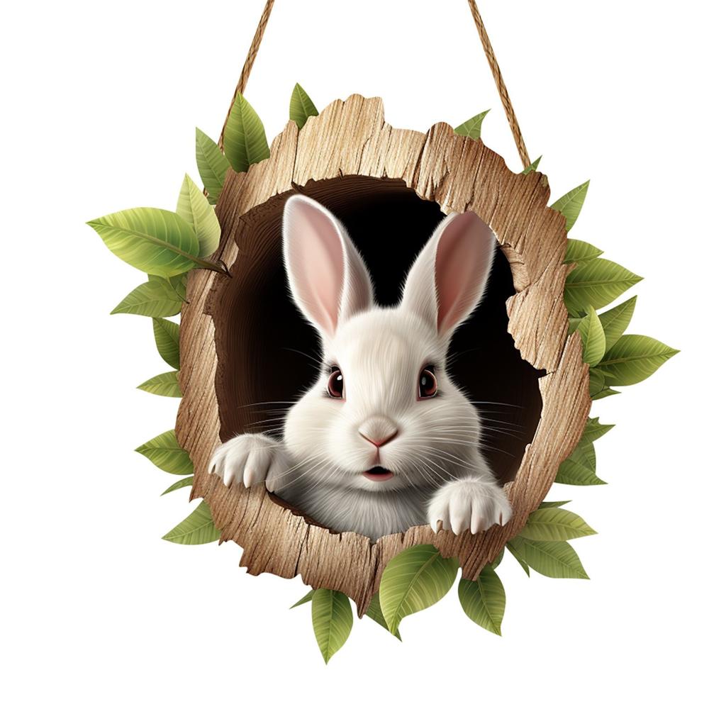 Cute Bunny Hole Wall Stickers Easter Rabbit Door Sign Wooden Rustic Hanging Pendant Welcome Sign Happy Easter Home Decoration