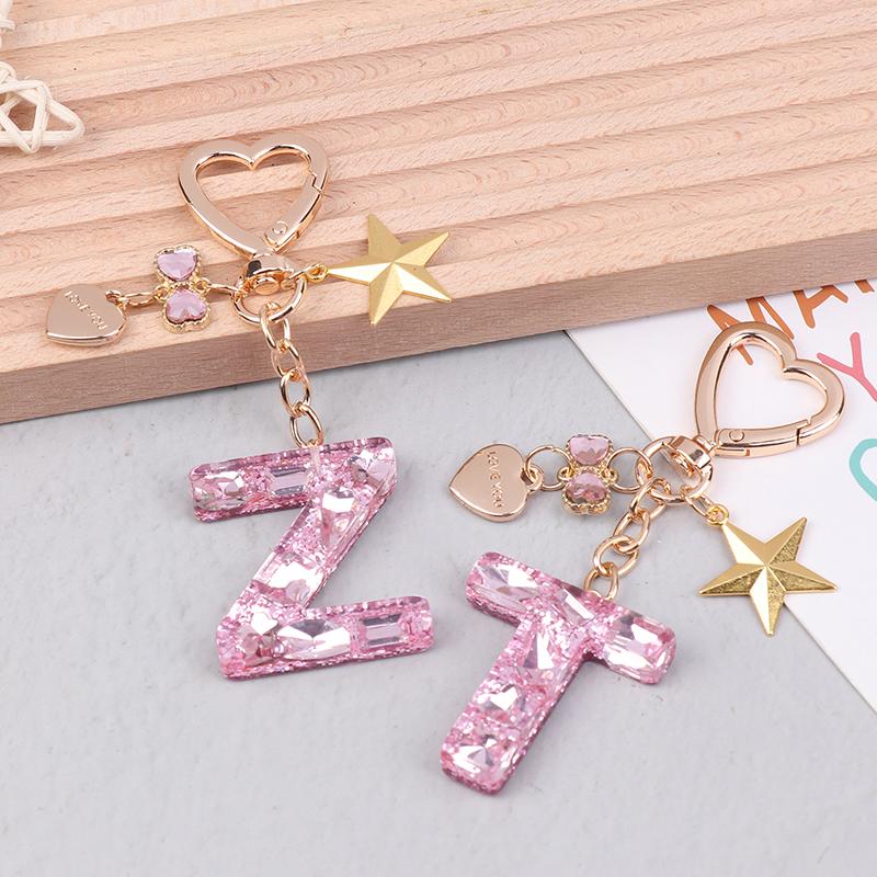 Cute  Bling Keychain A To Z Initial Letter Love Heart Star Pink For Women Girls Bag Cup Pendant Key Chain Accessories