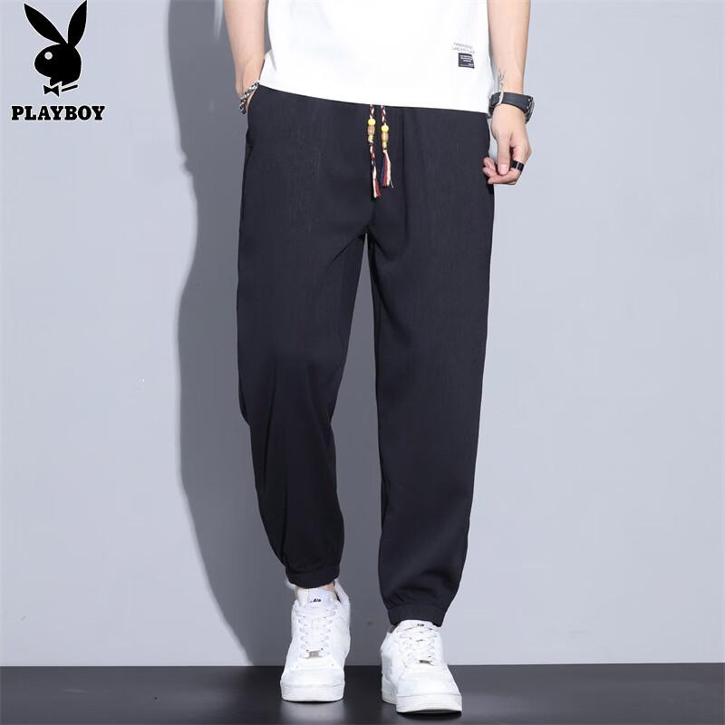 PLAYBOY Freizeithosen für Herren, Sommerhosen, Eis-Seide-Leinen Dünner Stil, Locker sitzende Sport-Jogginghosen mit elastischen Bündchen, Trendige verkürzte Hosen