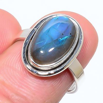 Natürlicher Labradorit Edelstein Handarbeit 925 Sterling Silber Ring Größe 8 F1v43